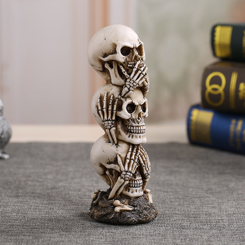 Hear-no See-no Speak-no Evil Skull Statue SculptureFigure Skeleton Stacked Skulls For Halloween Decoration Skull