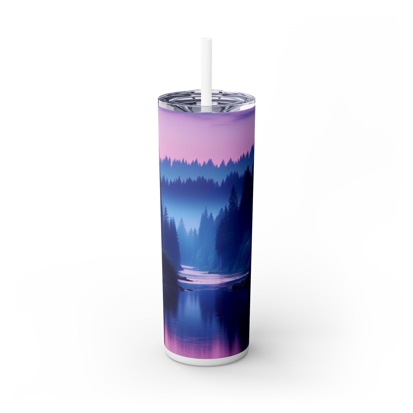 "Tranquilidad Crepuscular: Reflejos del río en el bosque" - Vaso delgado con pajita The Alien Maars® de 20 oz