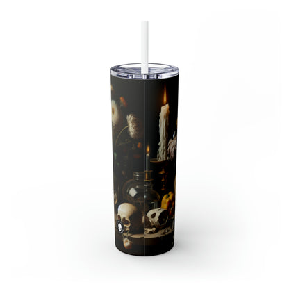 "Digital Decay: A Contemporary Vanitas Examining Consumerism in the 21st Century" - The Alien Maars® Skinny Tumbler with Straw 20oz Vanitas Painting