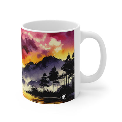 "A Pastel Sunset Symphony" - Taza de cerámica alienígena con pintura de lavado de tinta de 11 oz