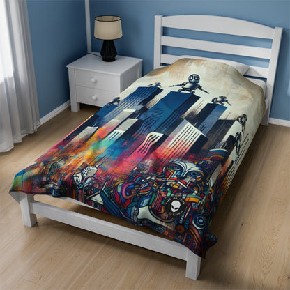 "Robotic Cityscape: A Futuristic Mural" - The Alien Velveteen Plush Blanket Street Art / Graffiti