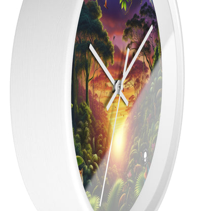 "Atardecer en la jungla: un encuentro salvaje" - El reloj de pared alienígena