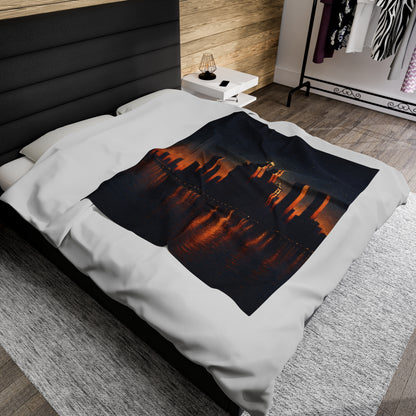 "The City Aglow" - The Alien Velveteen Plush Blanket Post-Impressionism Style