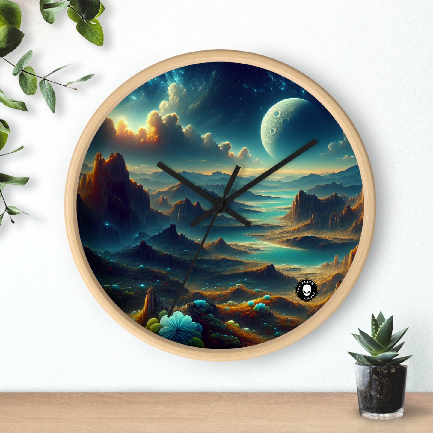 "Un Sueño Extraño: Un Mundo Desconocido en Detalle" - The Alien Wall Clock planetas no descubiertos en estilo hyperrealista