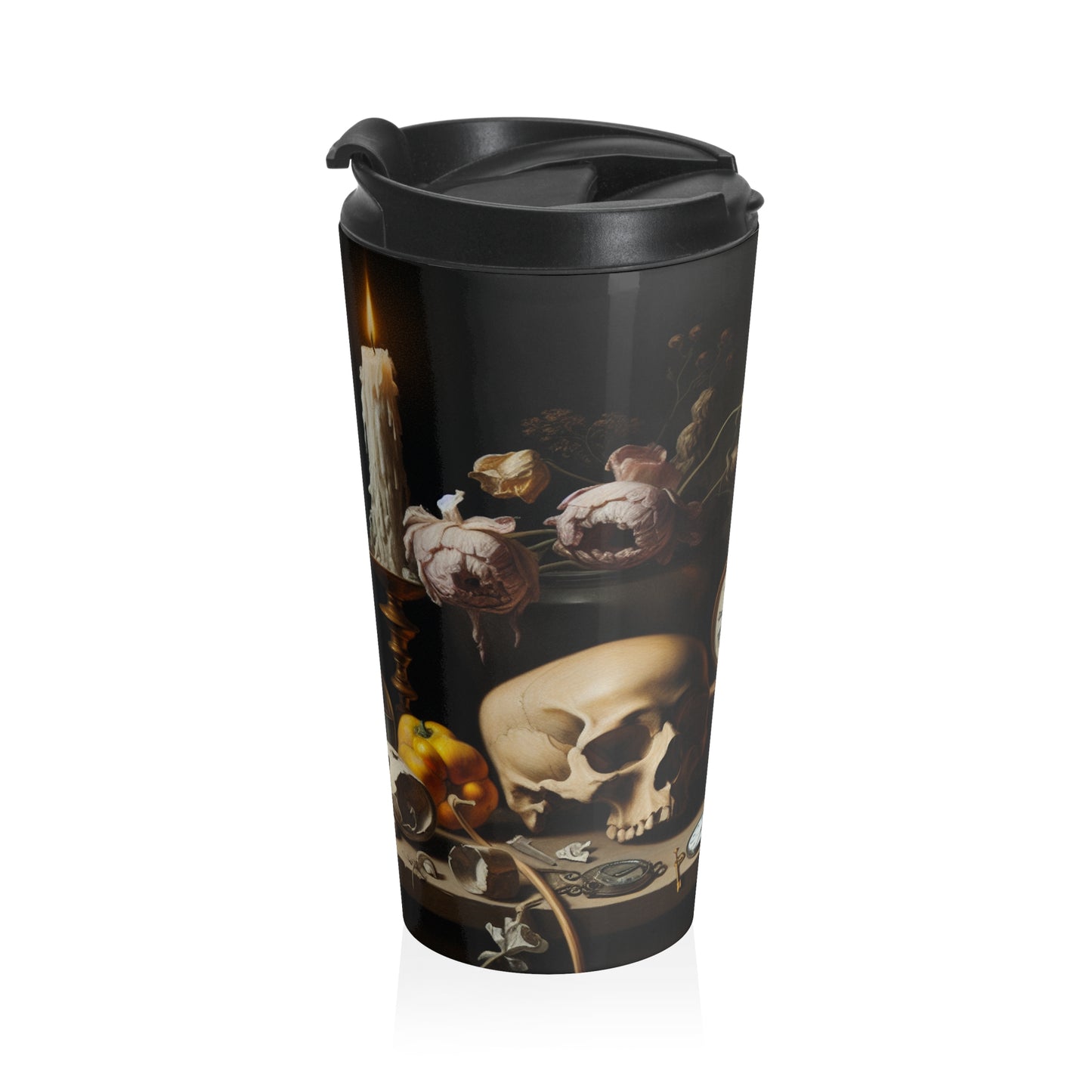 "Digital Decay: A Contemporary Vanitas Examining Consumerism in the 21st Century" - The Alien Stainless Steel Travel Mug Vanitas Painting