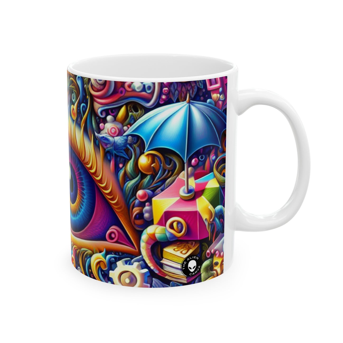 "Cityscape Dreams: Une scène nocturne surréaliste" - La tasse en céramique Alien 11oz Réalisme magique