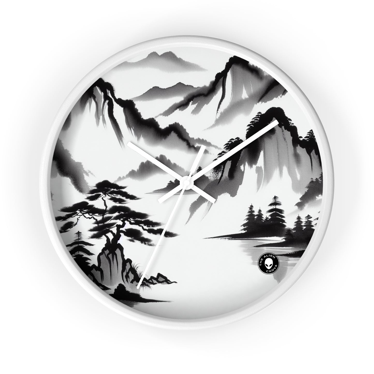 "Mountain Reflection: A Serene Zen Ink Painting" - The Alien Wall Clock Zen Ink Painting