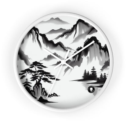 "Mountain Reflection: A Serene Zen Ink Painting" - The Alien Wall Clock Zen Ink Painting