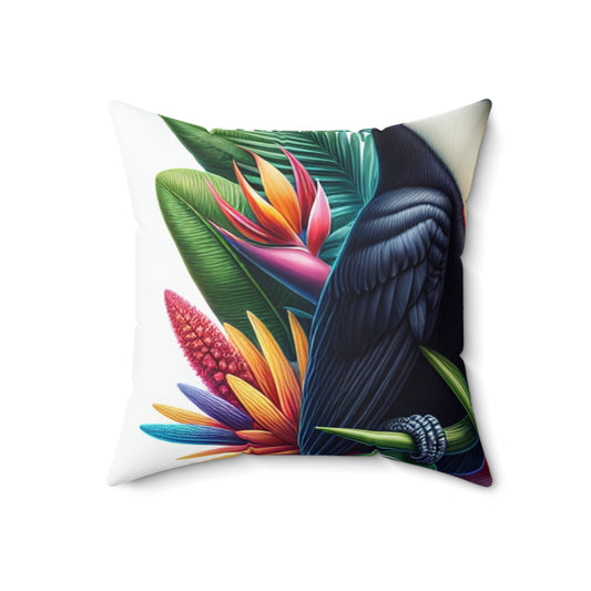 « Toucan sur une fleur tropicale » - L’oreiller carré en polyester filé Alien style hyperréalisme