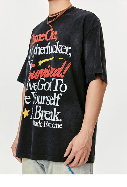 Retro Short Sleeve Letter Printed Washed Distressed T-shirt