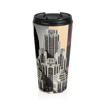 "Un contraste des temps : des gratte-ciel Art déco classiques et un paysage urbain moderne" - La tasse de voyage Alien en acier inoxydable de style Art déco