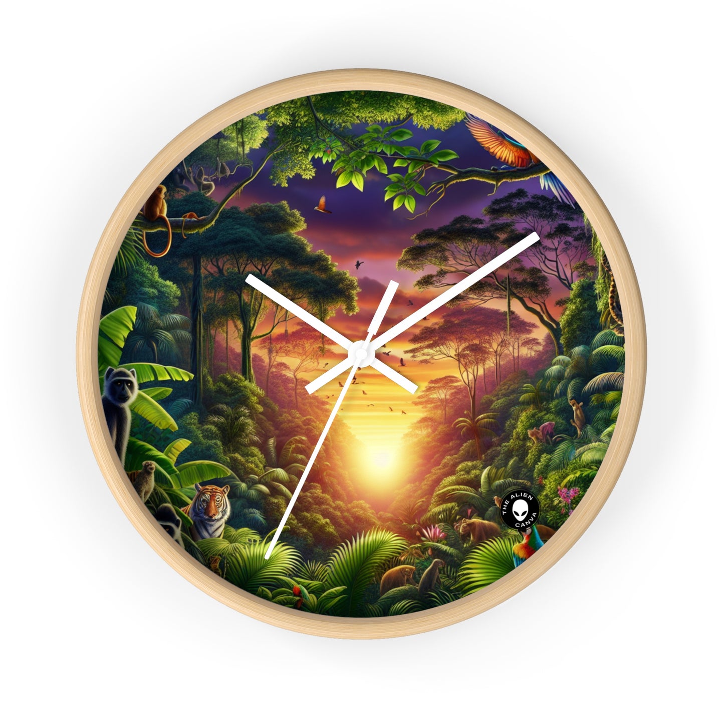 "Atardecer en la jungla: un encuentro salvaje" - El reloj de pared alienígena