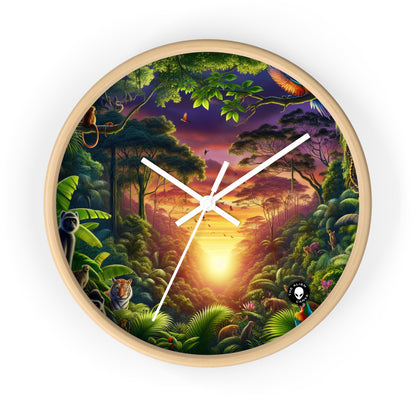 "Atardecer en la jungla: un encuentro salvaje" - El reloj de pared alienígena