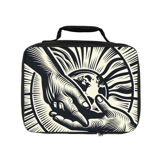 "Uniting Hands, Uniting Nations" - Le style d'impression de gravure sur bois du sac à lunch Alien