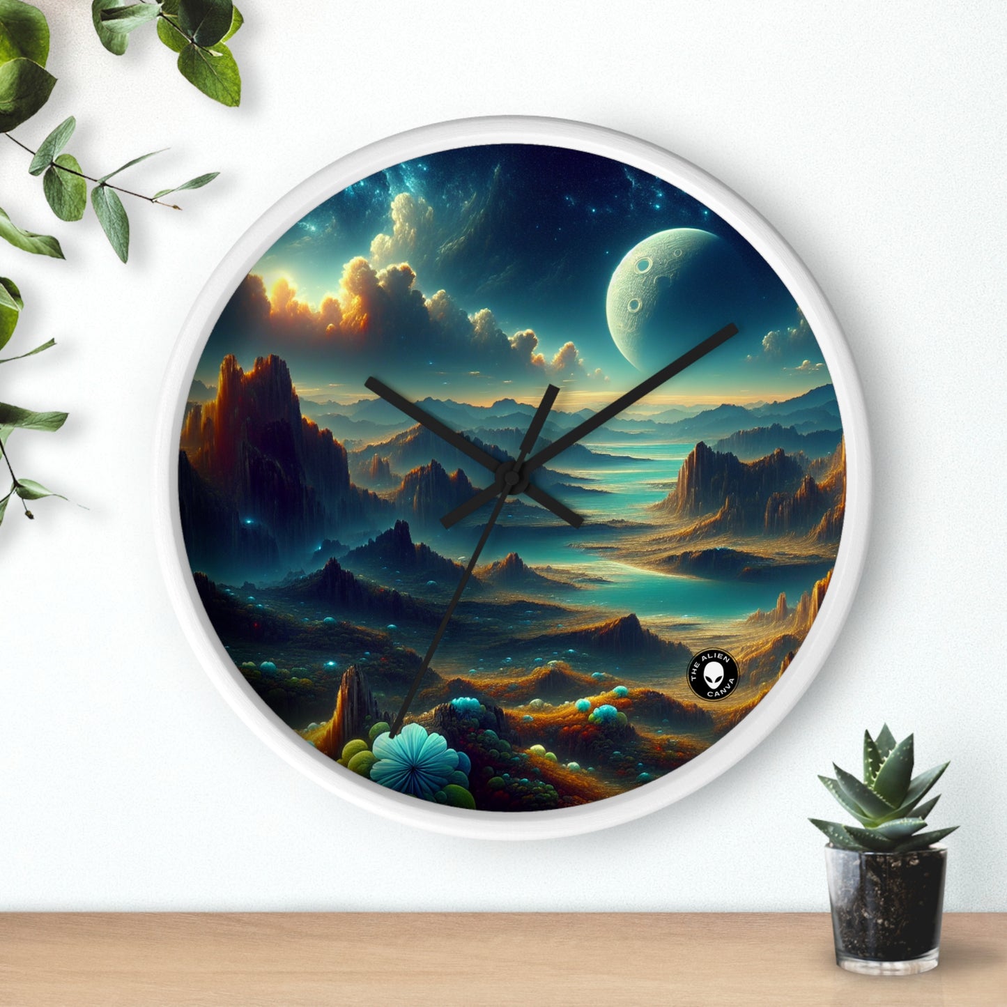 "Un Sueño Extraño: Un Mundo Desconocido en Detalle" - The Alien Wall Clock planetas no descubiertos en estilo hyperrealista