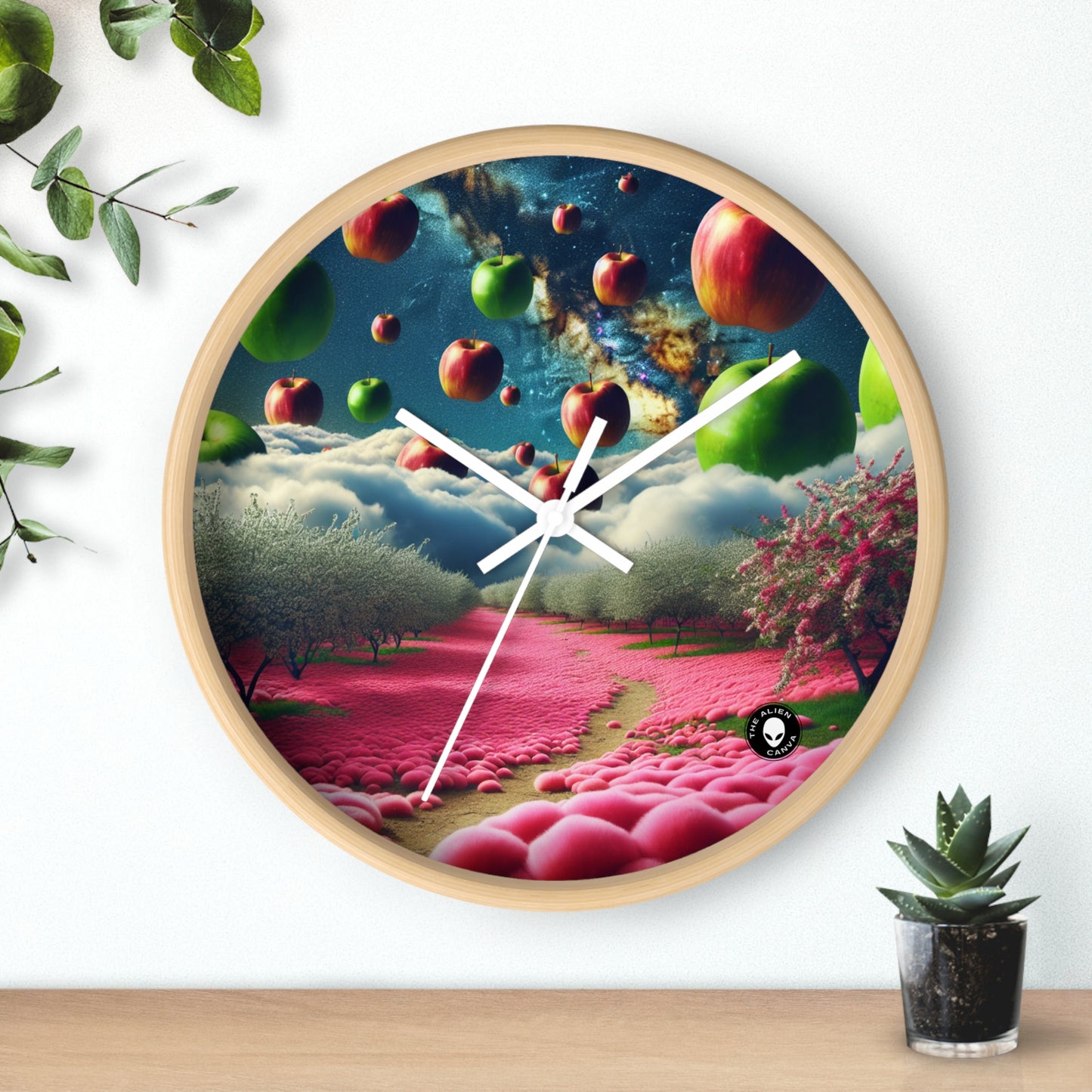 "Apple Sky and Pink Flower Carpet: A Surreal Landscape" - The Alien Wall Clock