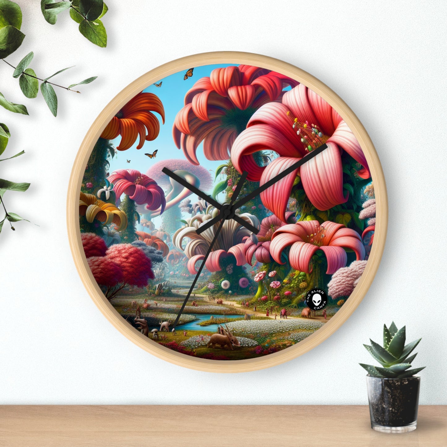 "Jardín de fantasía: grandes flores y pequeñas criaturas" - El reloj de pared alienígena