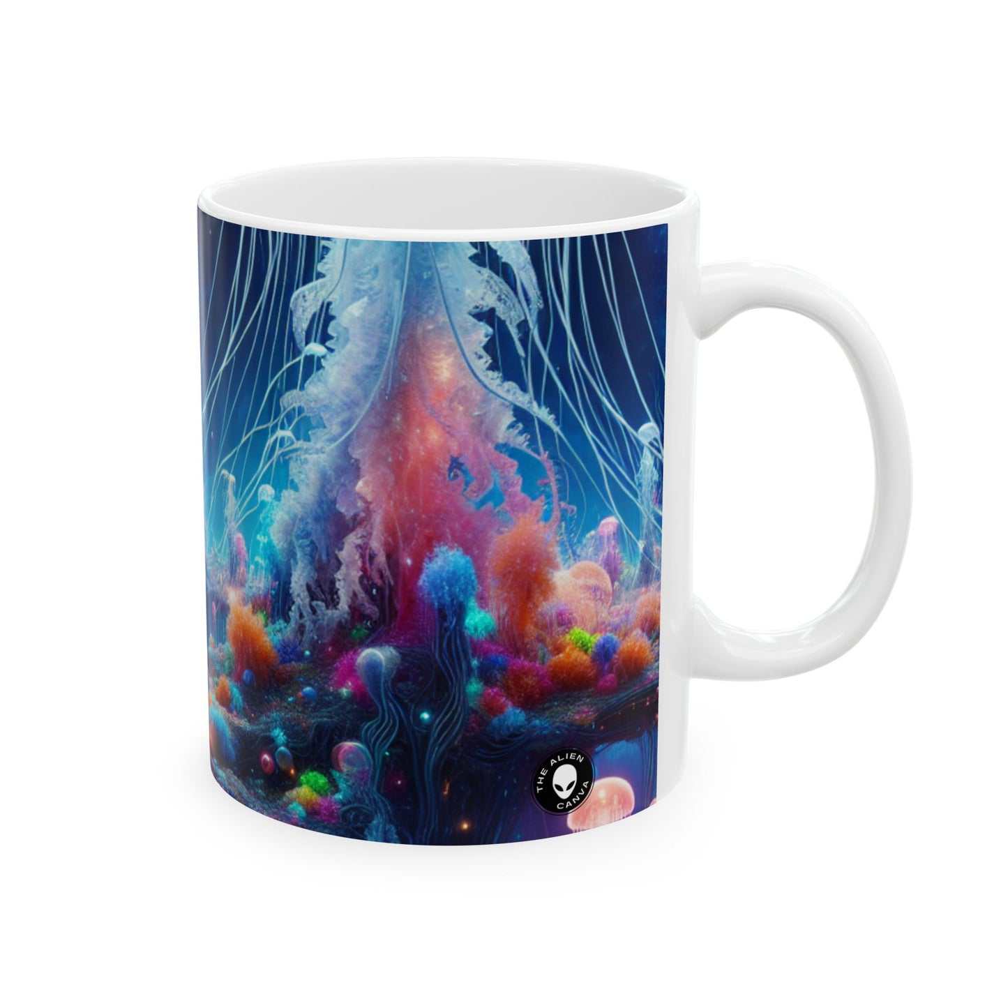 "Neon Jellyfish Fantasia : Une odyssée sous-marine surréaliste" - Tasse en céramique Alien 11 oz