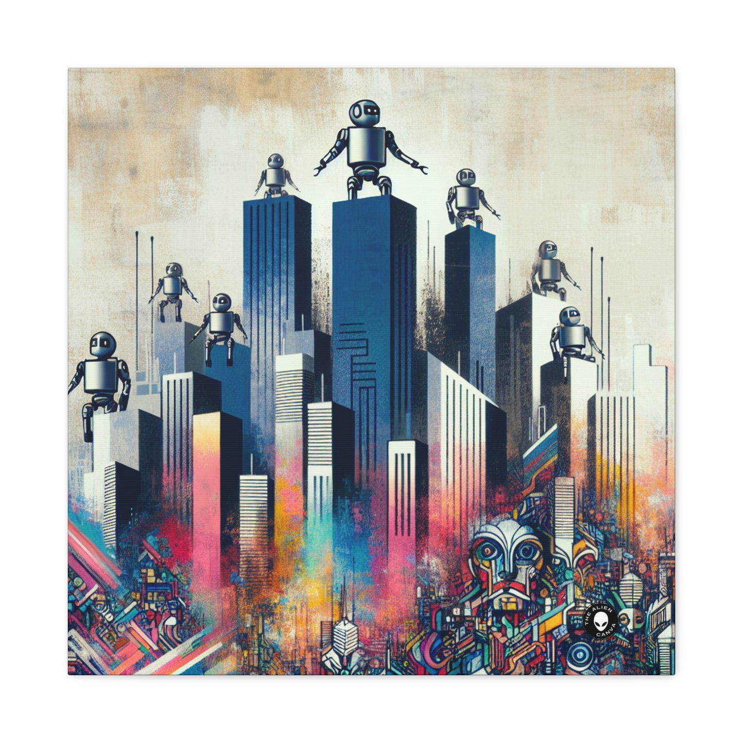 "Paysage urbain robotique : une fresque murale futuriste" - The Alien Canva Street Art / Graffiti