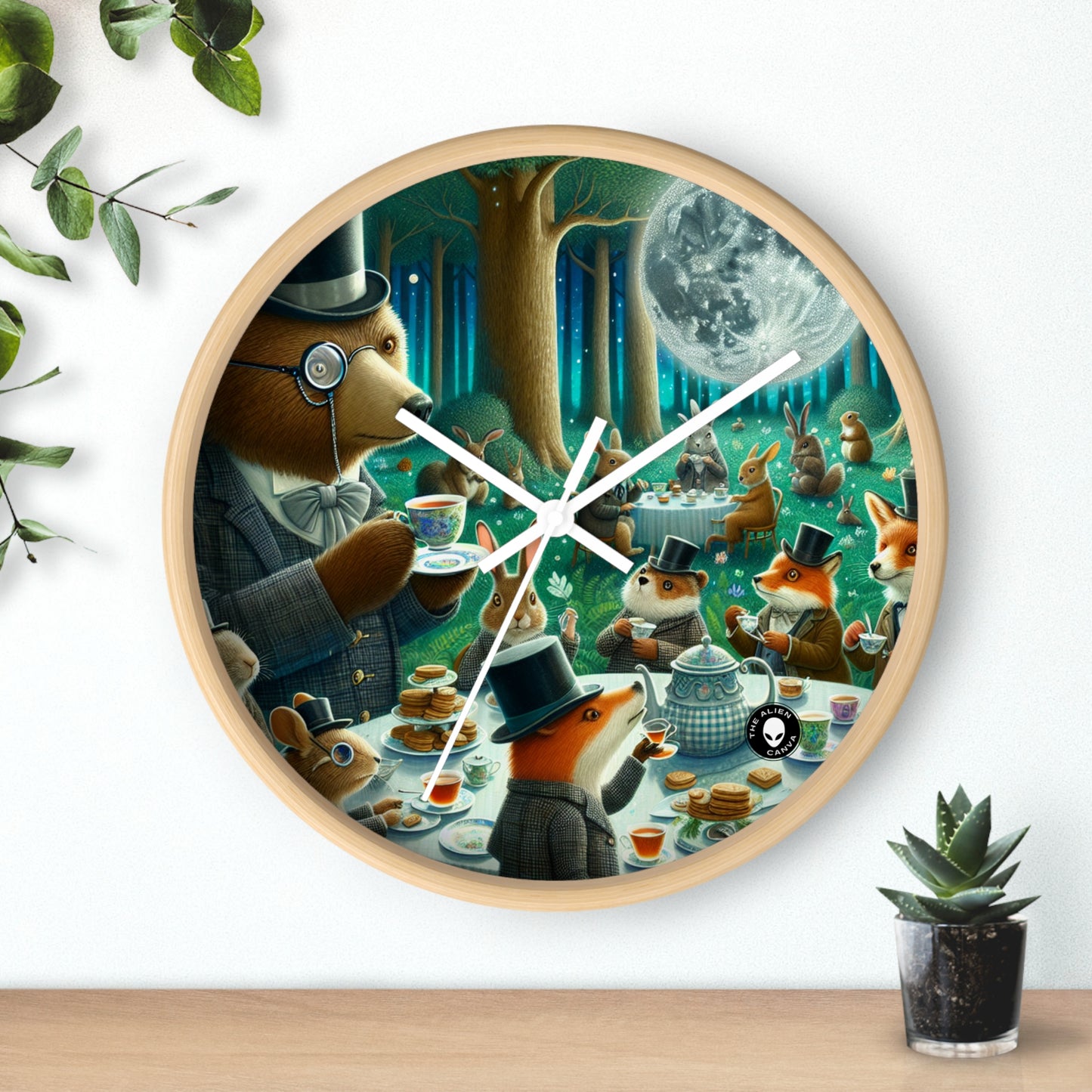 "Fiesta de té encantada a la luz de la luna en el bosque" - El reloj de pared alienígena