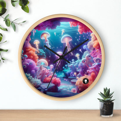 Enchanting Underwater Realm: Glowing Jellyfish and Curious Octopus - The Alien Wall Clock