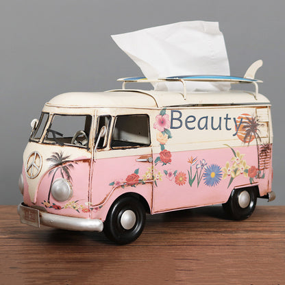 Figuras de modelo de autobús de flores multicolores, caja de pañuelos de coche Retro, adornos para decoración del hogar, manualidades