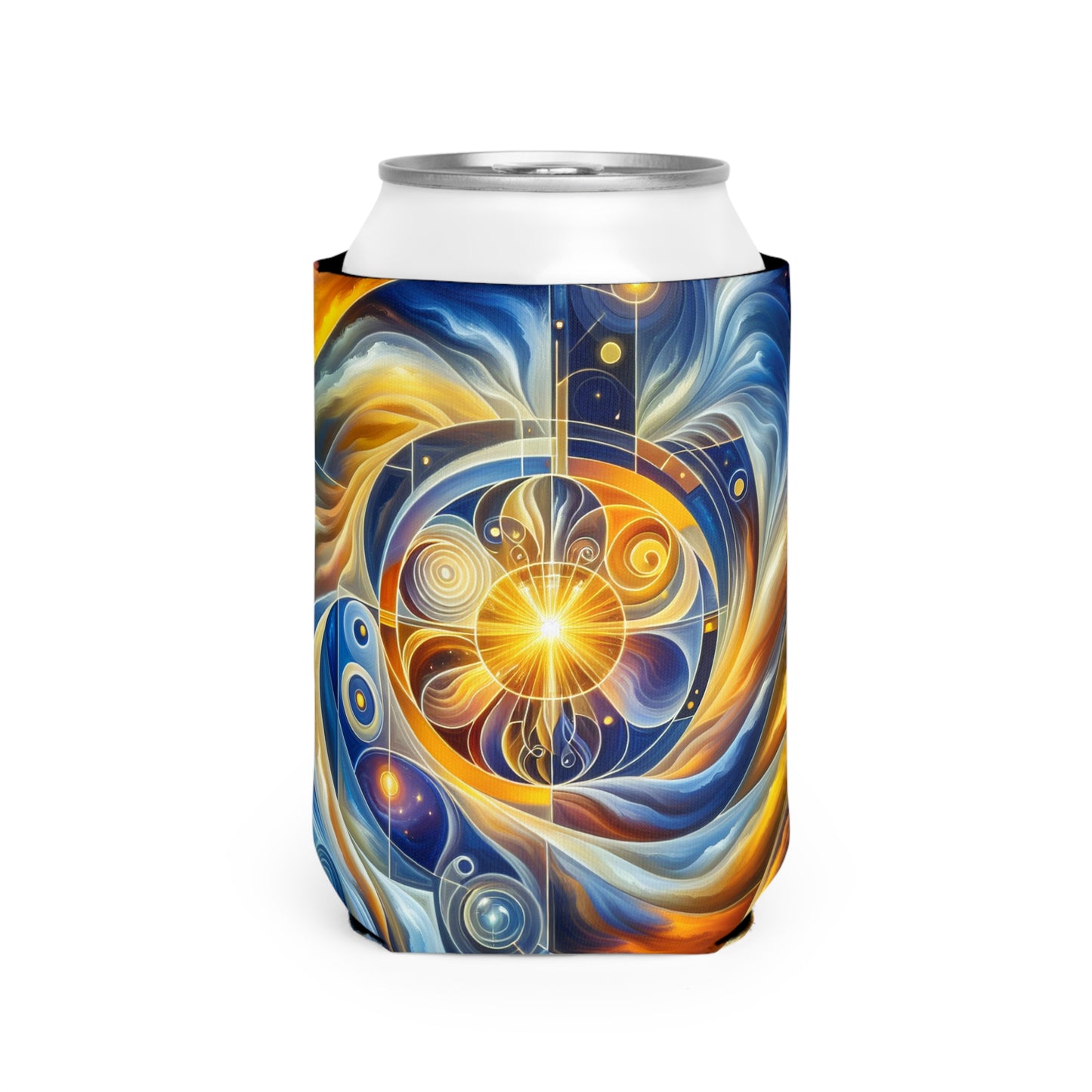 "Divinidad ascendente: un despertar espiritual en una geometría vibrante" - The Alien Can Cooler Sleeve Estilo de arte religioso