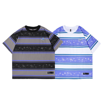 Simple Casual Printed Short Sleeve Loose Stripe Round Neck T-shirt For Men