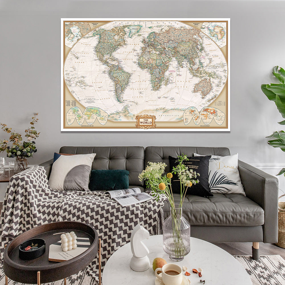 Póster de arte de pared Vintage con pintura en lienzo de mapa del mundo Vintage