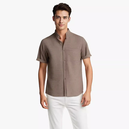 Camisa de solapa de manga corta de color sólido, transpirable, de algodón y lino, para verano, ropa para hombre