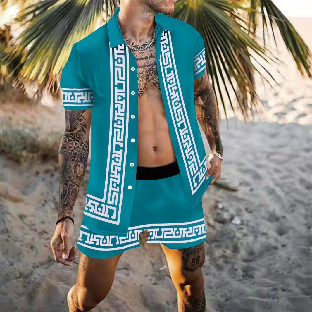 Traje de playa con camisa estampada holgada informal multicolor para hombre