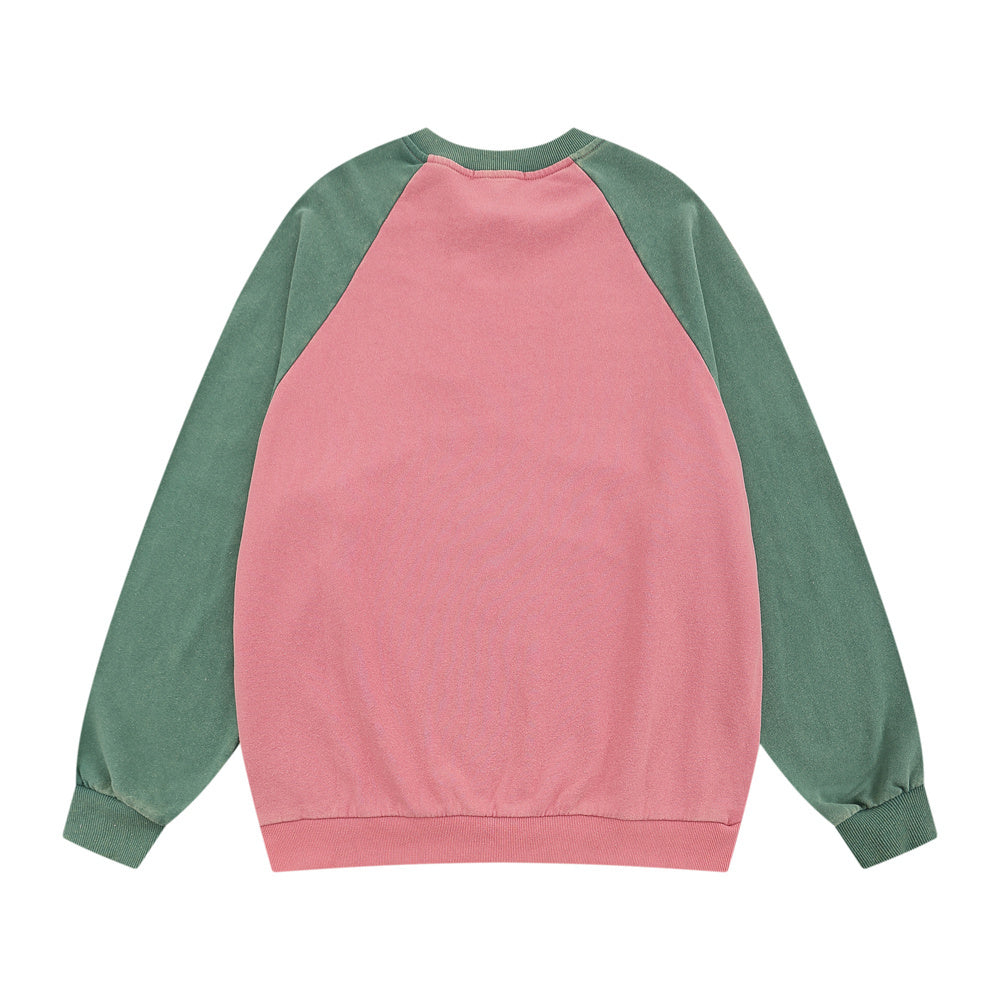 Letter Printed Round Neck Colorblock Sleeve Pullover Sweater