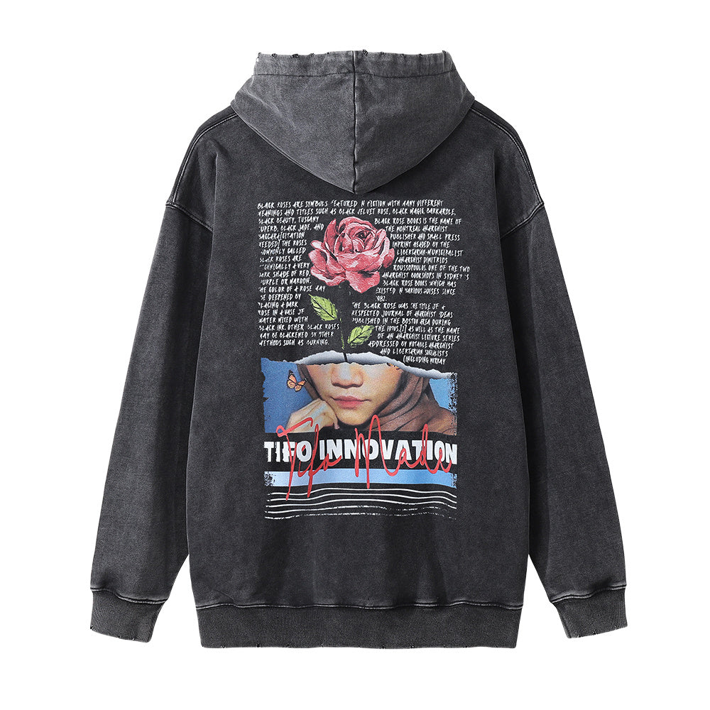 Printed Hood Sweater Men's Pullover Loose Washed-out Distressed Hoodie Side Seam Sidekick