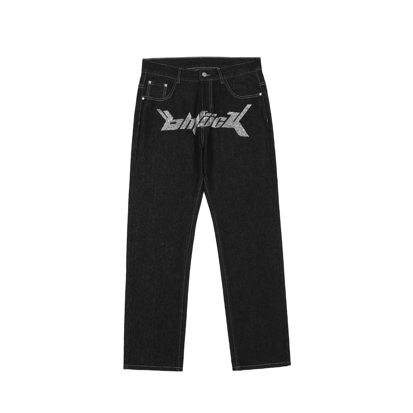 Letter Printed Jeans Men's Casual Straight Trousers