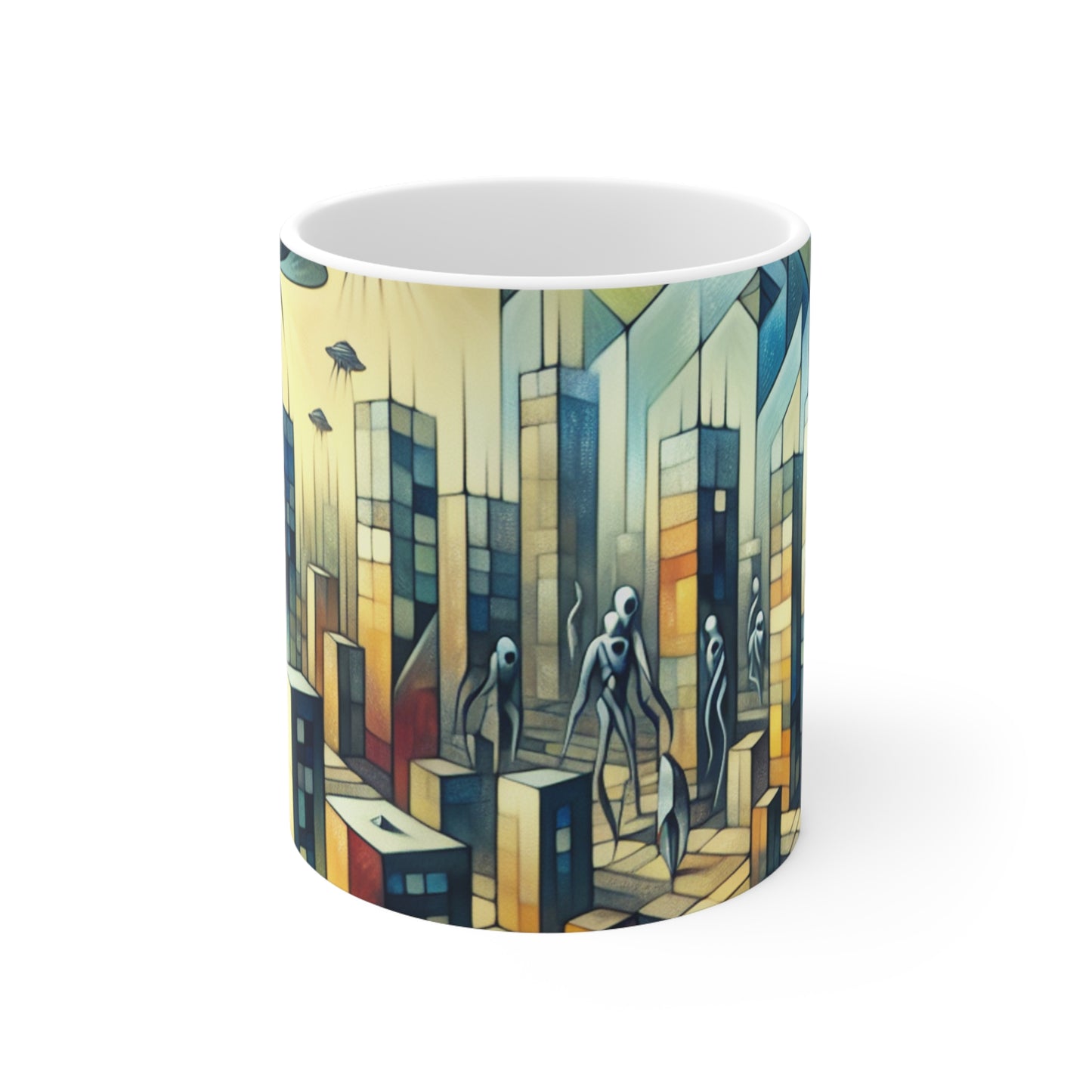 "Cubismo en una ciudad futurista invadida por extraterrestres". - Taza de cerámica The Alien 11oz Una ciudad futurista invadida por extraterrestres en estilo artístico cubista