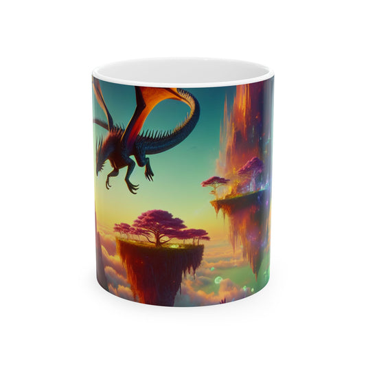 "El vuelo del dragón en el reino fantástico" - Taza de cerámica alienígena de 11 oz