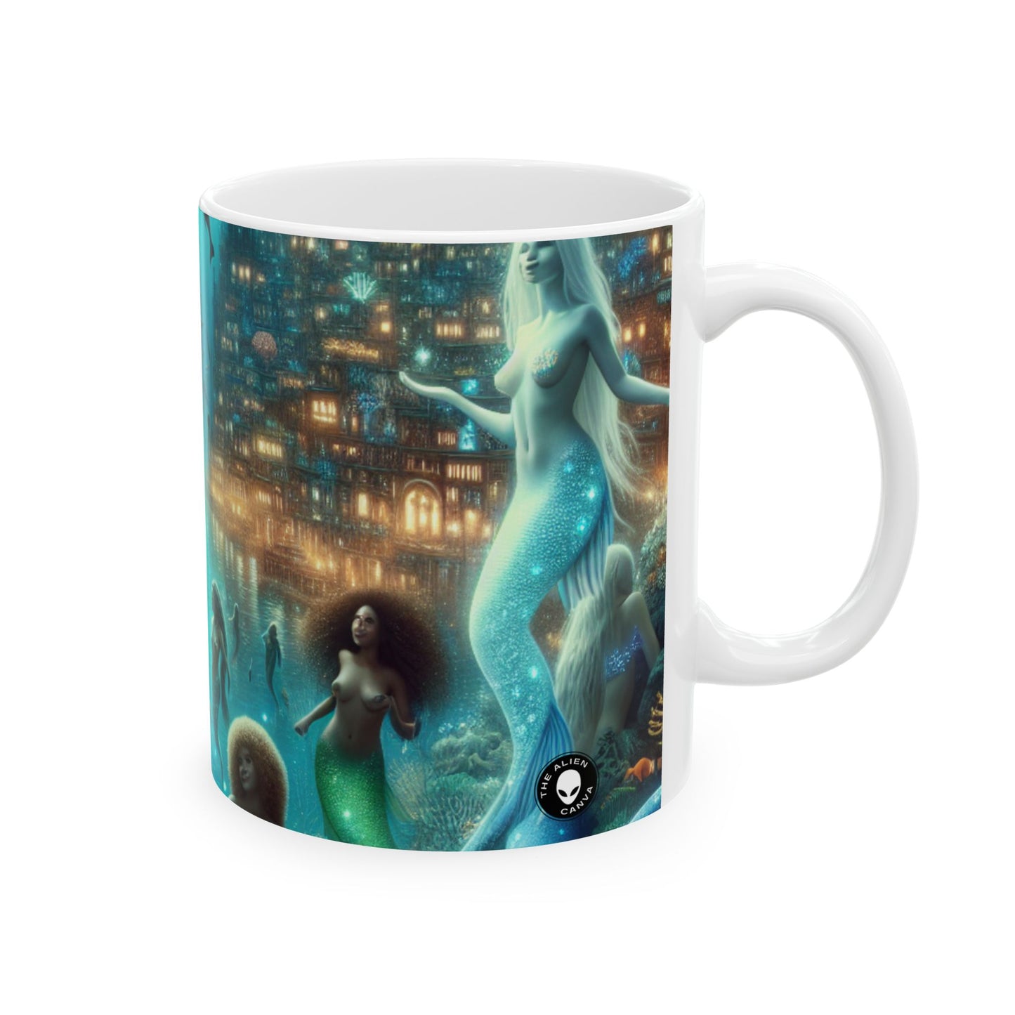 "Profundidades relucientes: la ciudad submarina encantada" - Taza de cerámica alienígena de 11 oz