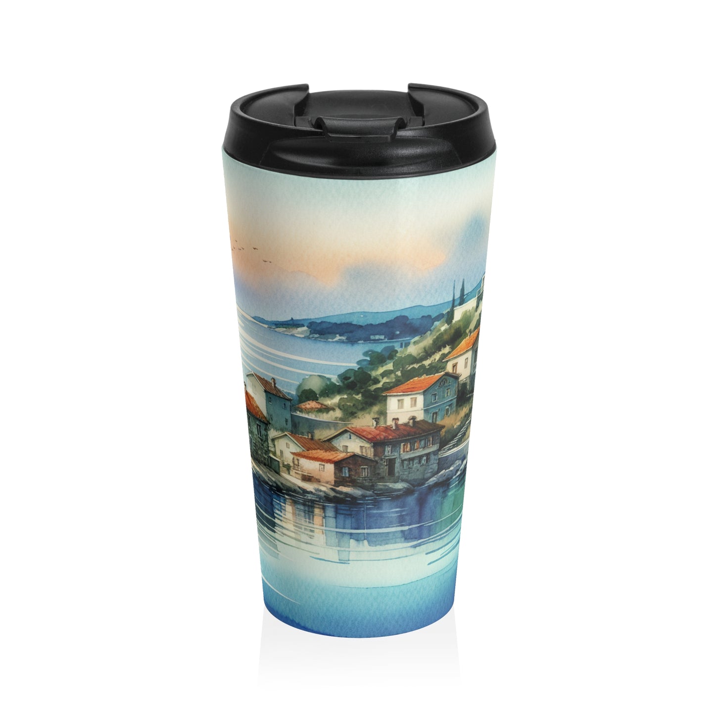 "Glimpse of a Seaside Haven" - Taza de viaje de acero inoxidable alienígena estilo pintura de acuarela