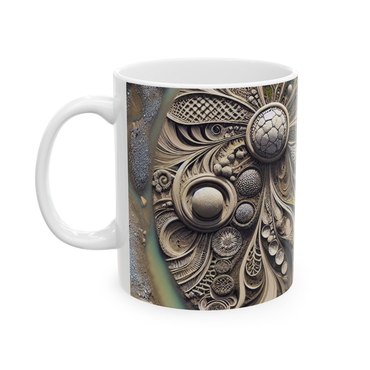 "Sandy Symphony : Une mosaïque de pierres colorées sur la plage" - The Alien Mug en céramique 11oz Land Art