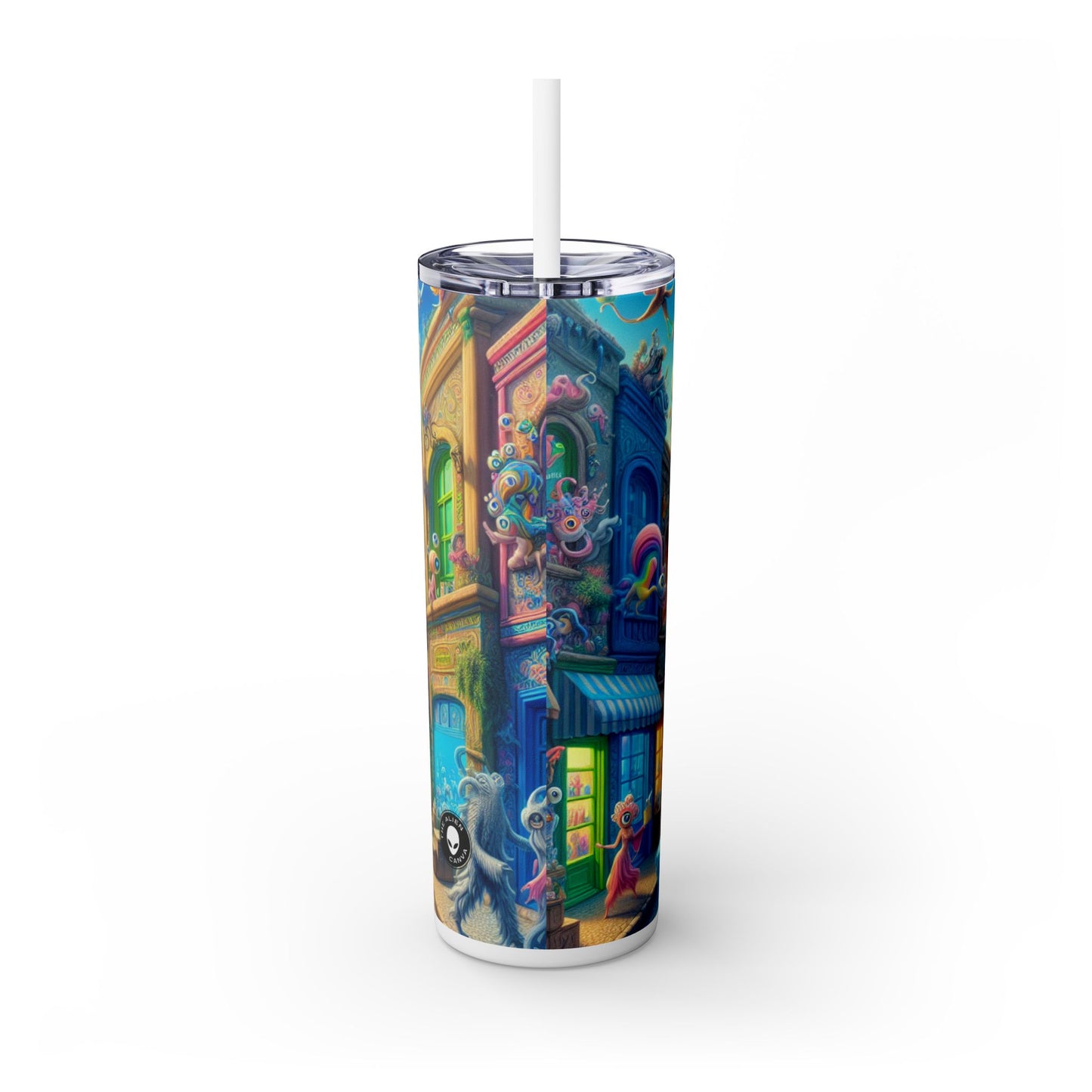 "Whimsical Wonders: A Vibrant Street Scene" - The Alien Maars® Skinny Tumbler with Straw 20oz