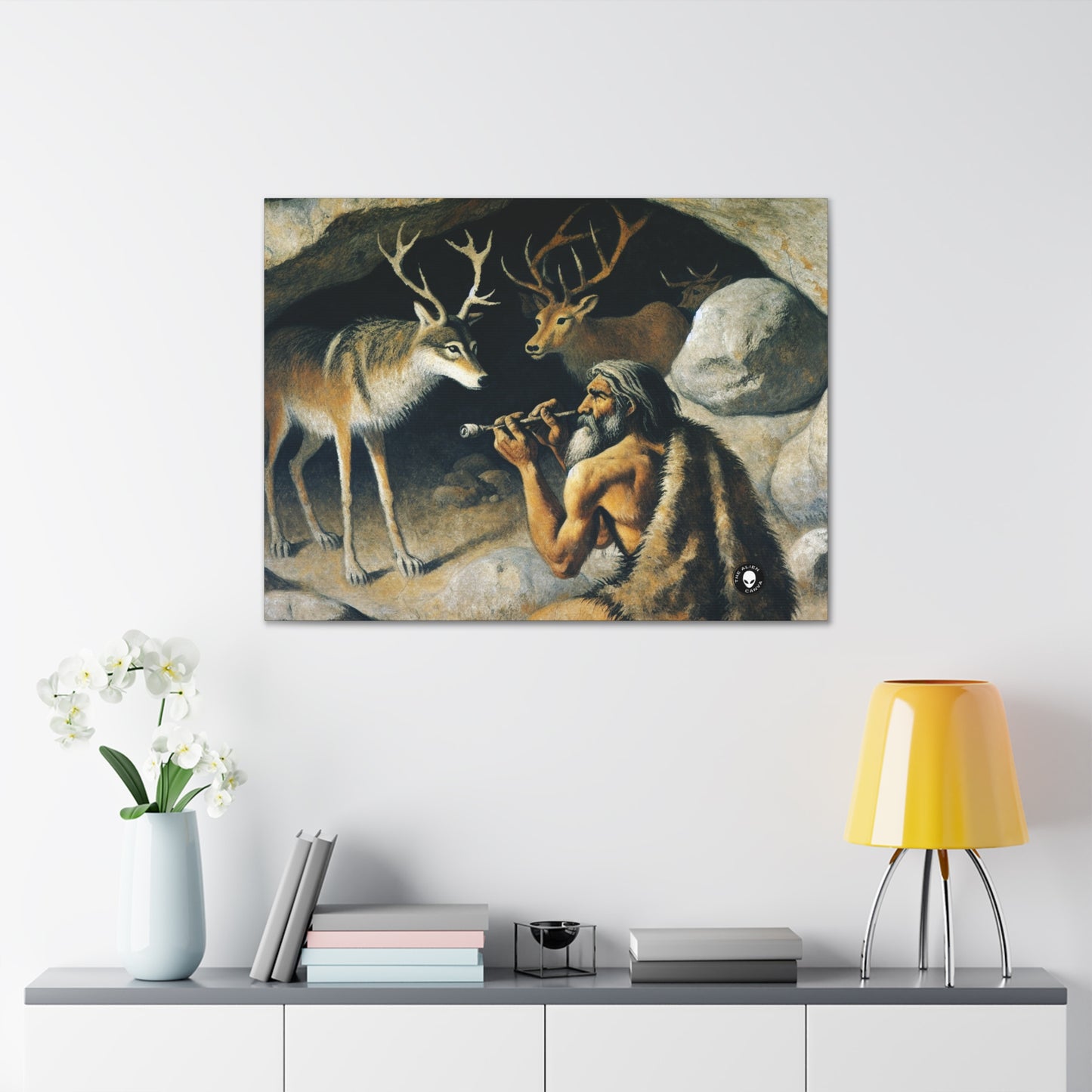 "Chasseur et loup : à la poursuite d'une proie." - La peinture rupestre Alien Canva