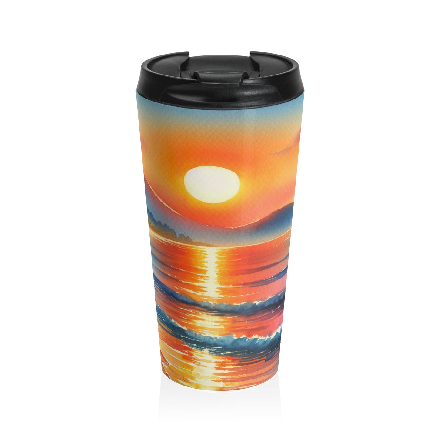 "Amanecer en la playa" - Taza de viaje de acero inoxidable The Alien Pintura de acuarela