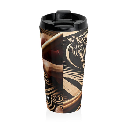 "Enchanting Shadows: A Woodcut Print of the Dancing Northern Lights" - The Alien Stainless Steel Travel Mug Woodcut Printing