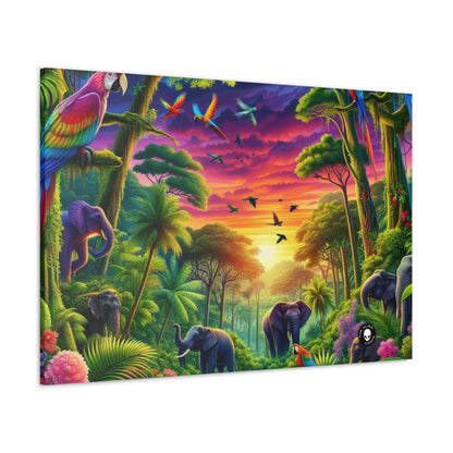 « Coucher de soleil dans la nature : une aventure dans la jungle arc-en-ciel » - The Alien Canva