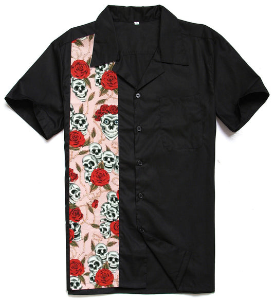 Camisa retro de patchwork de manga corta con estampado de calavera para hombre