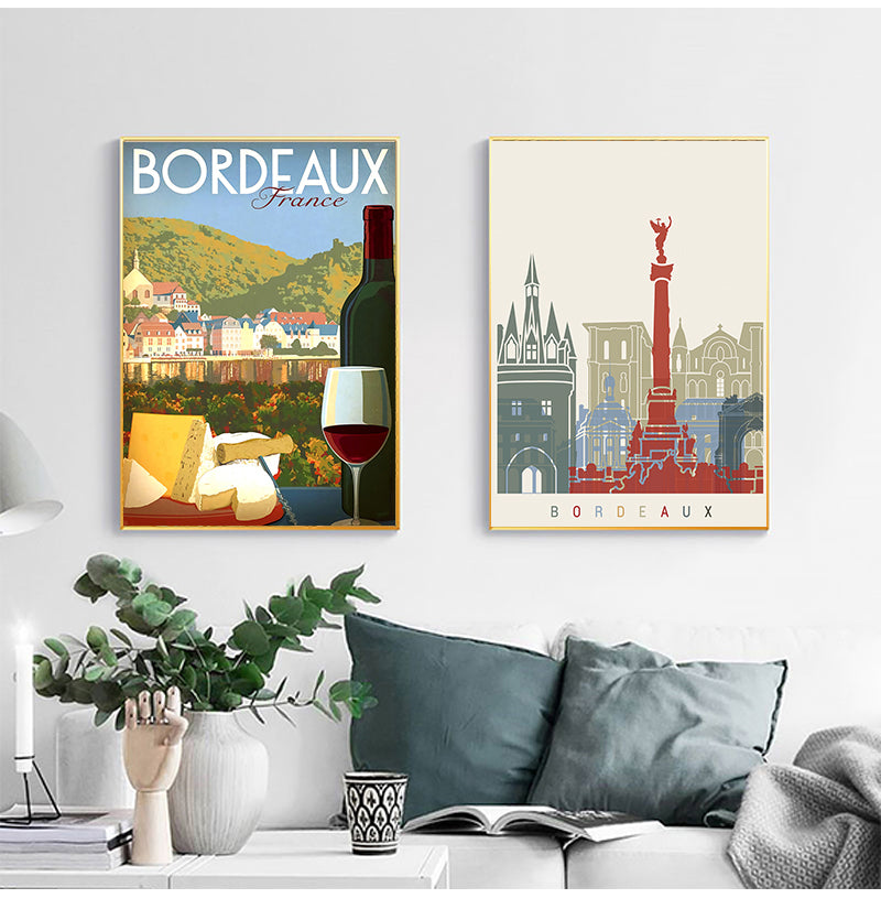 vintage Bordeaux Mural Canvas Wine Country, Affiche de carte touristique