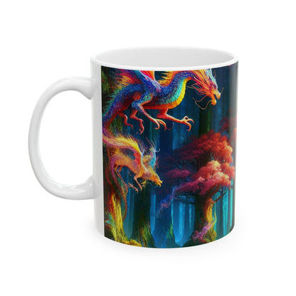 "Bosque arcoíris del dragón": taza de cerámica alienígena de 11 oz