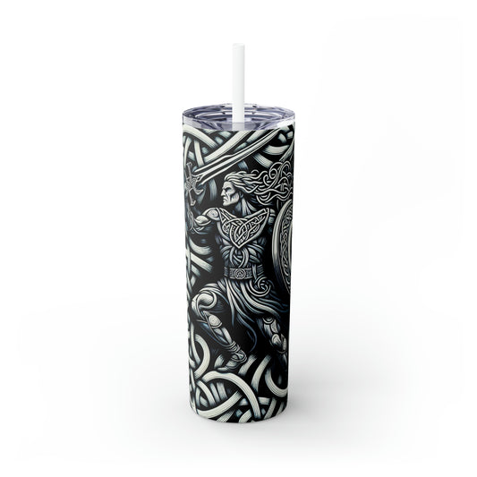 "Celtic Knight: Sword & Shield in Ancient Knots" - The Alien Maars® Skinny Tumbler with Straw 20oz Celtic Art Style