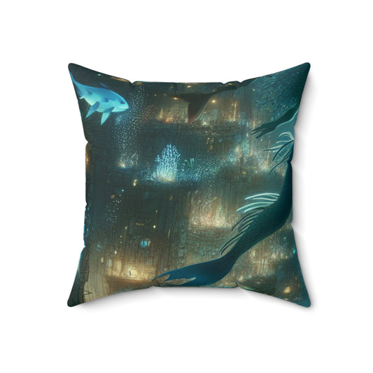 "Enchantment Below: A Bioluminescent Underwater Metropolis"- The Alien Spun Polyester Square Pillow