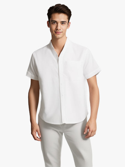 Camisa de solapa de manga corta de color sólido, transpirable, de algodón y lino, para verano, ropa para hombre